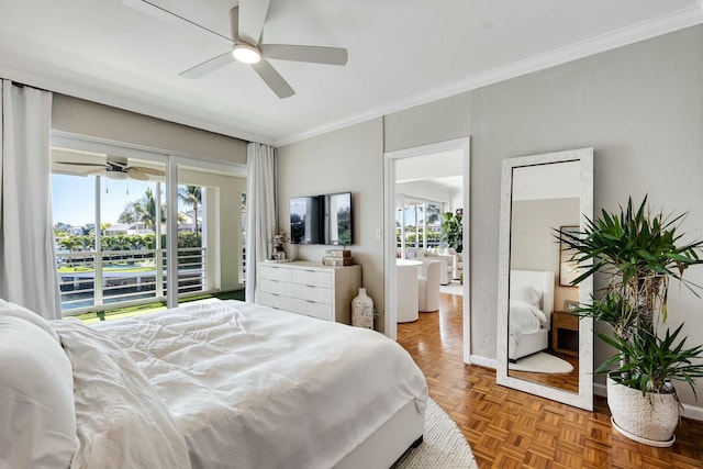 bedroom featuring a textured wall, a ceiling fan, baseboards, access to outside, and crown molding