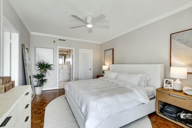 bedroom with ornamental molding, a ceiling fan, visible vents, and baseboards