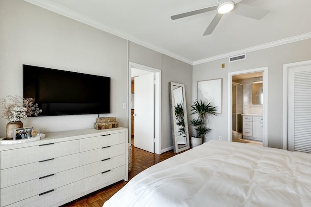 bedroom featuring ceiling fan, connected bathroom, visible vents, and crown molding