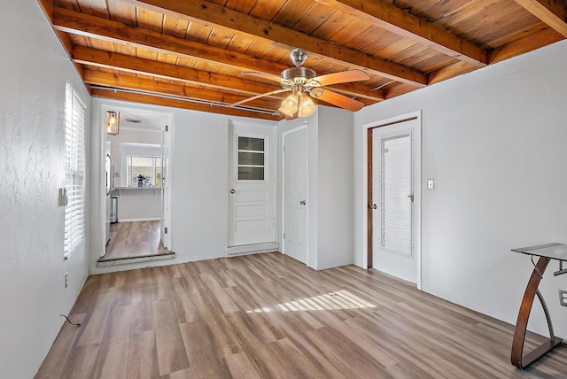 interior space featuring a ceiling fan, beam ceiling, wood ceiling, and light wood-type flooring