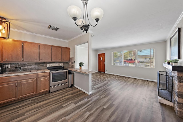 kitchen with visible vents, a fireplace, a sink, electric stove, and backsplash