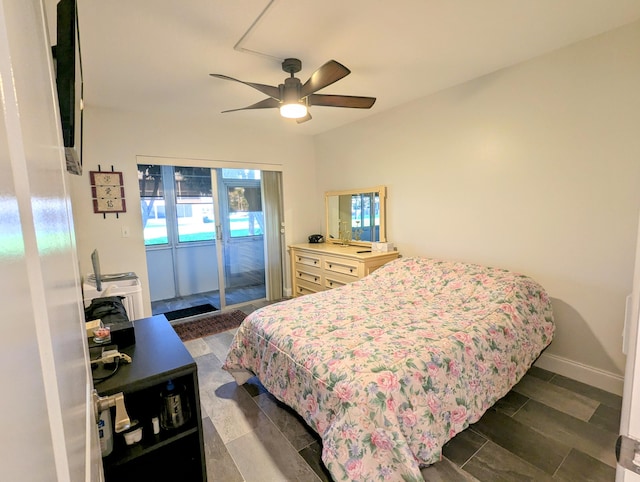 bedroom with access to exterior, ceiling fan, and baseboards