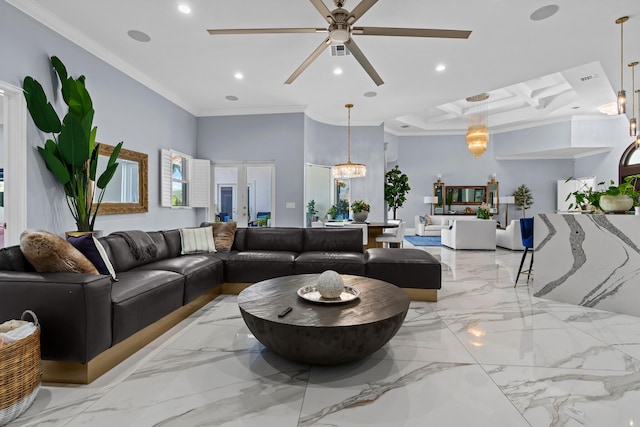 living room with visible vents, ornamental molding, recessed lighting, ceiling fan with notable chandelier, and coffered ceiling