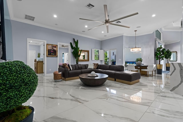 living room featuring visible vents, marble finish floor, and ornamental molding