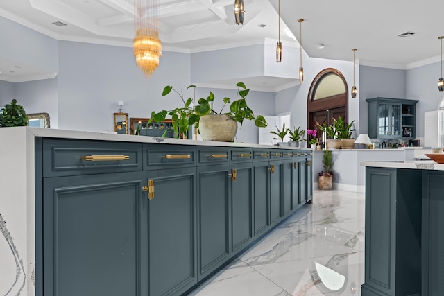 kitchen with visible vents, pendant lighting, ornamental molding, marble finish floor, and coffered ceiling