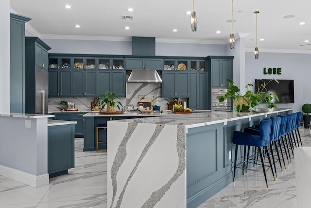 kitchen with tasteful backsplash, recessed lighting, visible vents, and marble finish floor