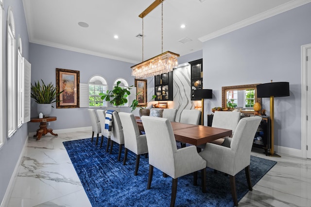 dining area with marble finish floor, a healthy amount of sunlight, and baseboards