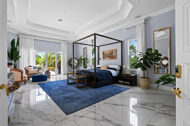 bedroom with access to exterior, a tray ceiling, crown molding, and marble finish floor