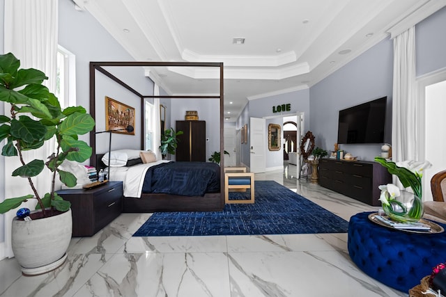 bedroom featuring visible vents, a raised ceiling, marble finish floor, and ornamental molding