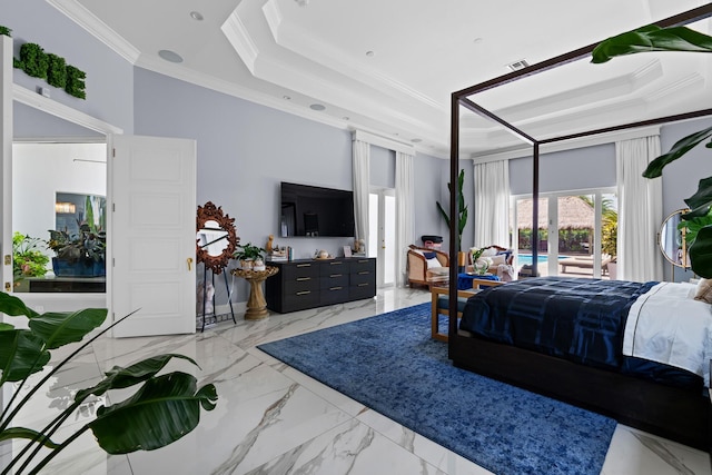 bedroom with visible vents, a tray ceiling, crown molding, access to outside, and marble finish floor