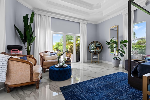 sitting room with baseboards, crown molding, french doors, a raised ceiling, and marble finish floor