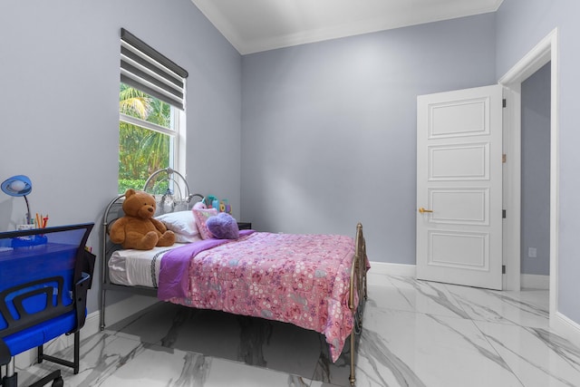 bedroom with baseboards, marble finish floor, and ornamental molding