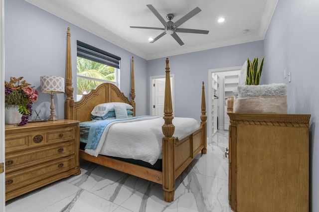 bedroom featuring recessed lighting, marble finish floor, ornamental molding, and a ceiling fan