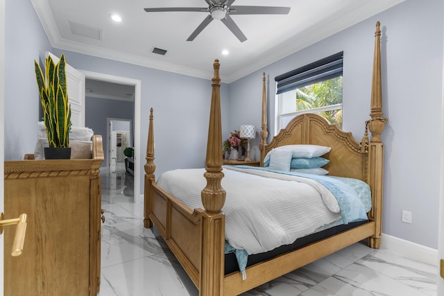 bedroom featuring baseboards, visible vents, marble finish floor, and ornamental molding