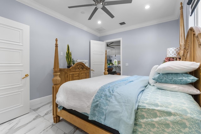 bedroom with recessed lighting, visible vents, marble finish floor, and baseboards