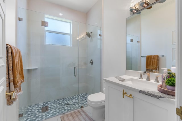 full bathroom featuring vanity, a shower stall, and toilet