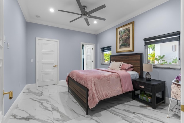 bedroom with marble finish floor, ornamental molding, a ceiling fan, recessed lighting, and baseboards