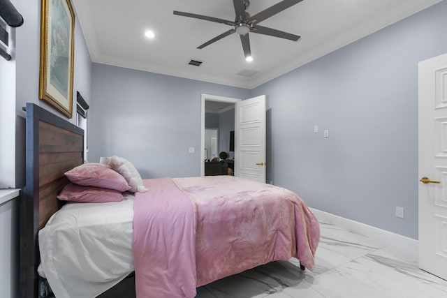 bedroom featuring recessed lighting, baseboards, marble finish floor, and ornamental molding