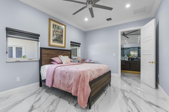 bedroom featuring visible vents, recessed lighting, crown molding, and baseboards