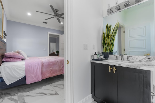 bedroom featuring visible vents, marble finish floor, a sink, recessed lighting, and crown molding