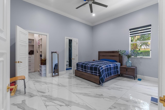 bedroom with a walk in closet, marble finish floor, ornamental molding, recessed lighting, and baseboards