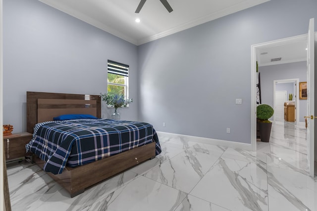 bedroom with marble finish floor, ornamental molding, recessed lighting, baseboards, and ceiling fan