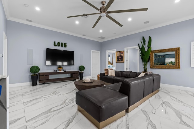 living area featuring marble finish floor, recessed lighting, crown molding, baseboards, and ceiling fan