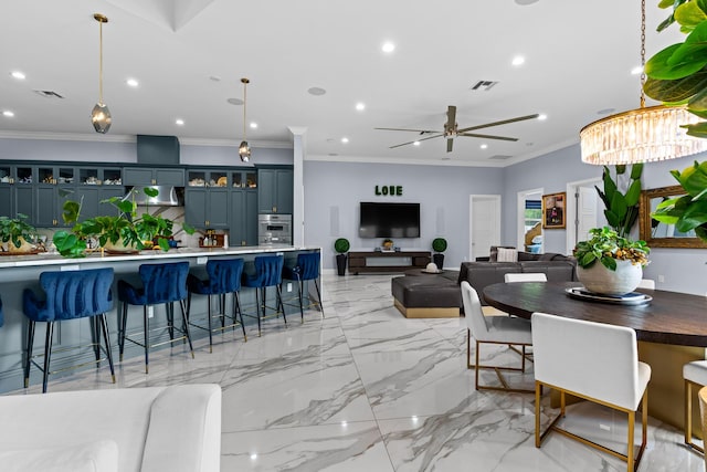 dining area with a ceiling fan, recessed lighting, visible vents, and marble finish floor