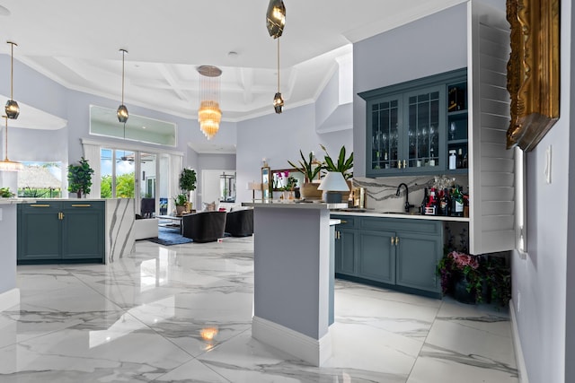 kitchen featuring coffered ceiling, a sink, glass insert cabinets, pendant lighting, and marble finish floor