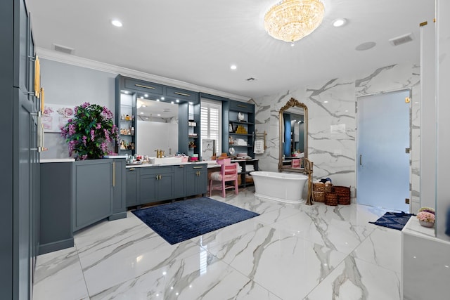 bathroom with visible vents, marble finish floor, recessed lighting, a soaking tub, and stone wall