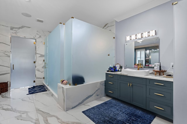 bathroom featuring a marble finish shower, visible vents, crown molding, marble finish floor, and vanity