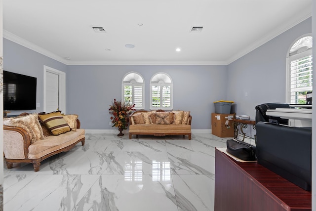 living room with visible vents, marble finish floor, and ornamental molding