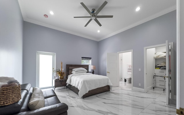 bedroom featuring connected bathroom, recessed lighting, baseboards, and ornamental molding