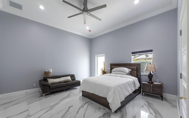 bedroom with visible vents, a ceiling fan, recessed lighting, crown molding, and baseboards