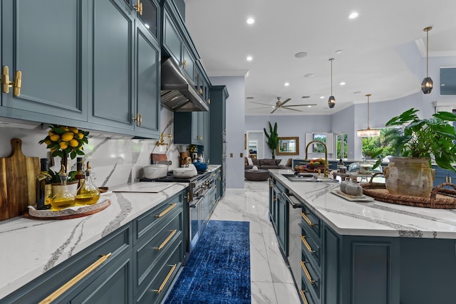 kitchen with crown molding, double oven range, under cabinet range hood, and a sink