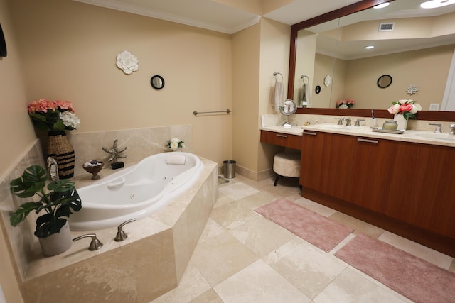 full bathroom with visible vents, ornamental molding, a whirlpool tub, and a sink