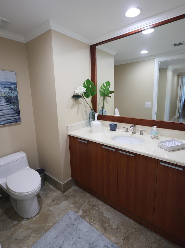 bathroom with visible vents, crown molding, toilet, recessed lighting, and vanity