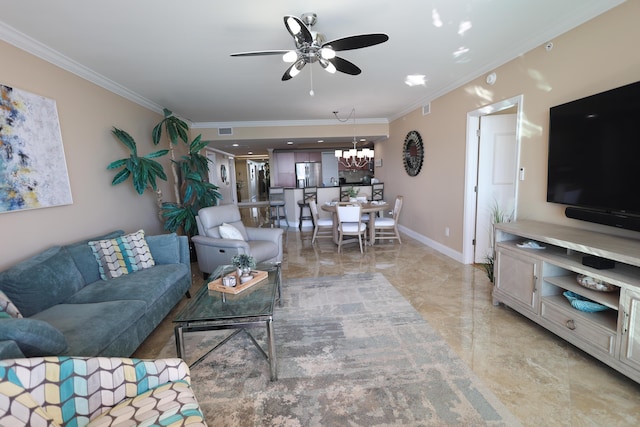 living area featuring crown molding, a ceiling fan, baseboards, and marble finish floor