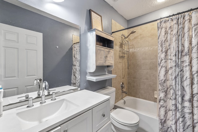 full bathroom with a textured ceiling, vanity, toilet, and shower / tub combo with curtain