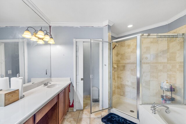 bathroom featuring ornamental molding, a shower stall, vanity, a chandelier, and tile patterned flooring