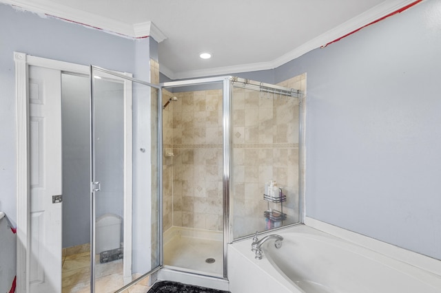 full bath featuring ornamental molding, a stall shower, and a bath