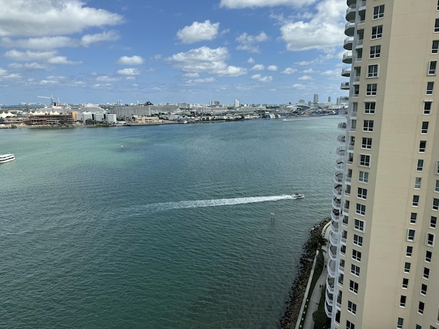 view of water feature with a view of city