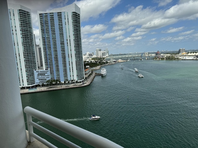 view of water feature with a city view