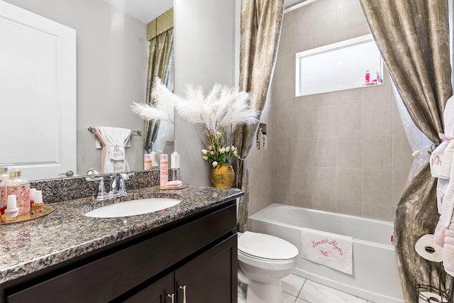 bathroom featuring shower / bathtub combination with curtain, toilet, and vanity