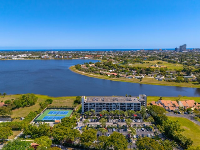 birds eye view of property featuring a water view