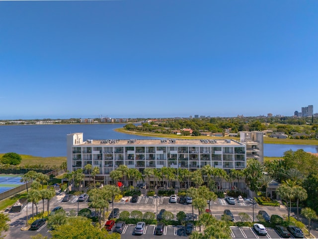 bird's eye view with a water view