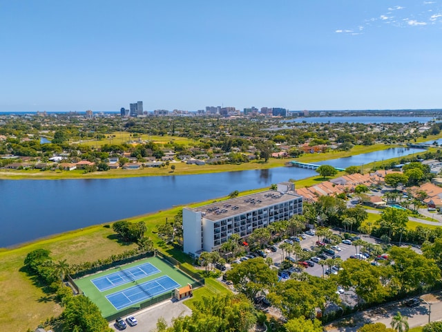 drone / aerial view featuring a water view