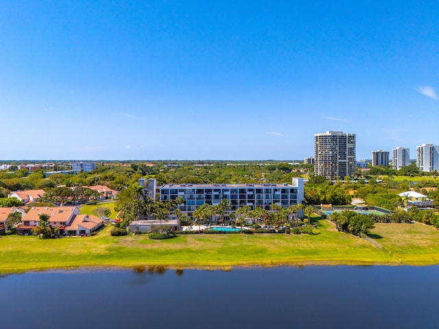 bird's eye view with a water view and a view of city