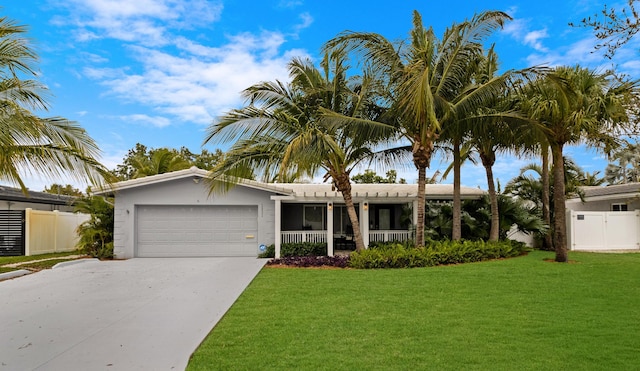 ranch-style home with fence, covered porch, concrete driveway, a front yard, and a garage