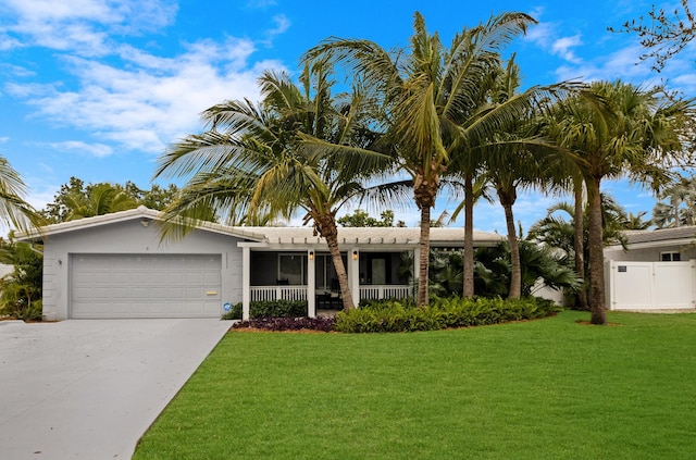 view of front of house with fence, covered porch, concrete driveway, a front lawn, and a garage